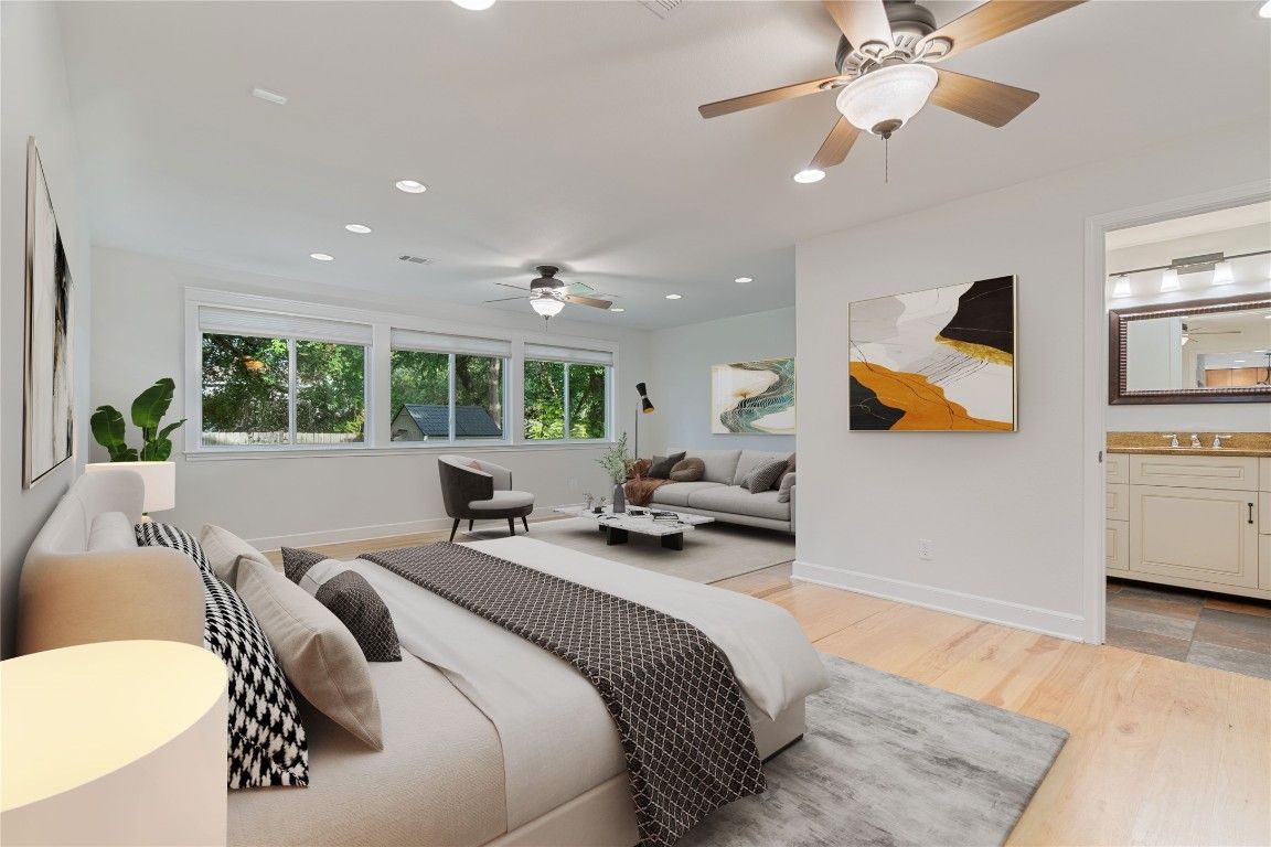 Bedroom, Interior, Recessed Lighting, Wood Texture Flooring