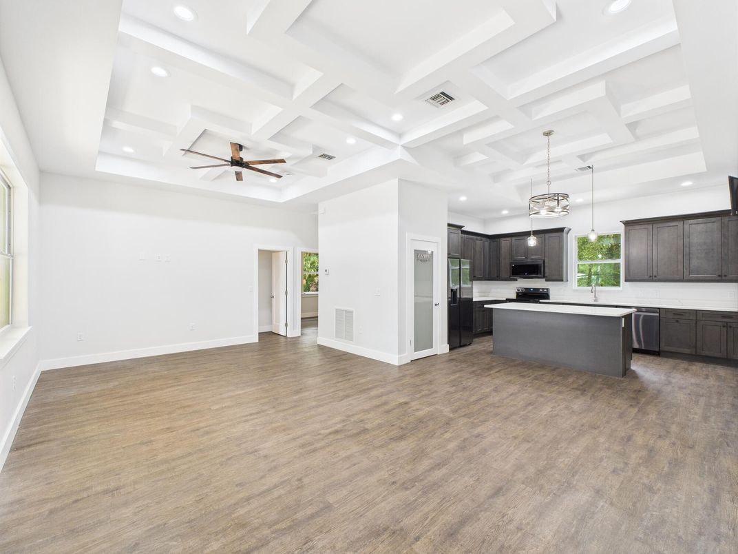 Interior, Kitchen, Pendant Lights, Recessed Lighting, Stainless Steel Appliances, Wood Texture Flooring