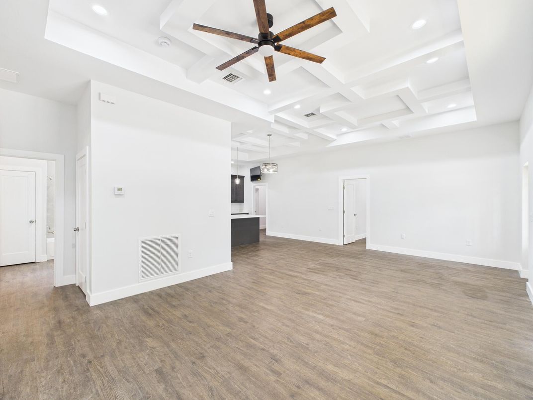 Empty room, Interior, Pendant Lights, Recessed Lighting, Wood Texture Flooring