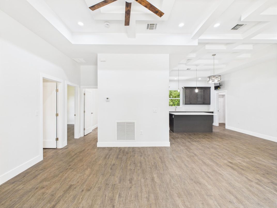 Empty room, Interior, Pendant Lights, Recessed Lighting, Wood Texture Flooring