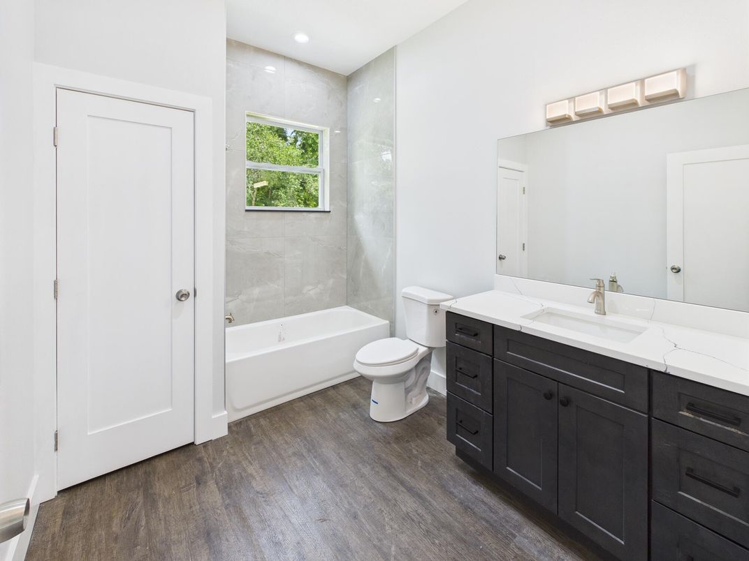 Bathroom, Glass Shower, Interior, Recessed Lighting, Wood Texture Flooring