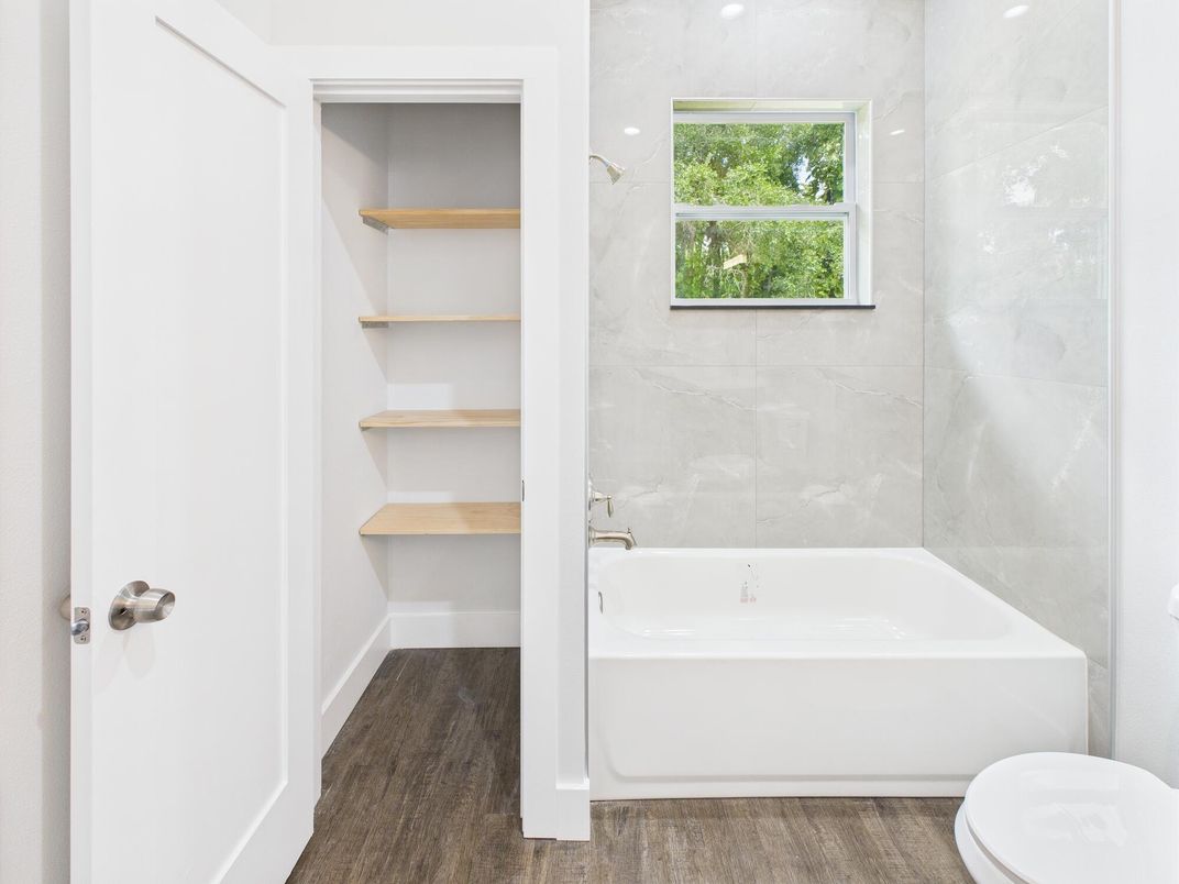 Bathroom, Interior, Marble Walls, Wood Texture Flooring