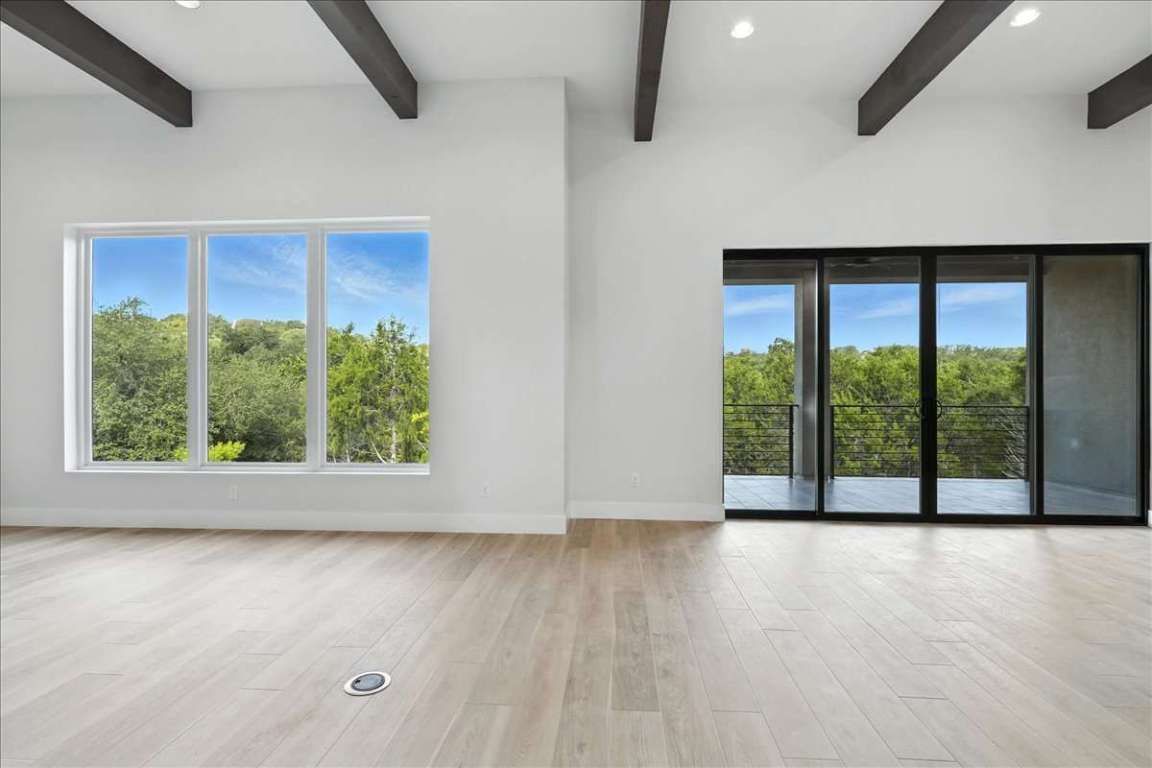 Empty room, Interior, Recessed Lighting, Wooden Beams, Wood Texture Flooring