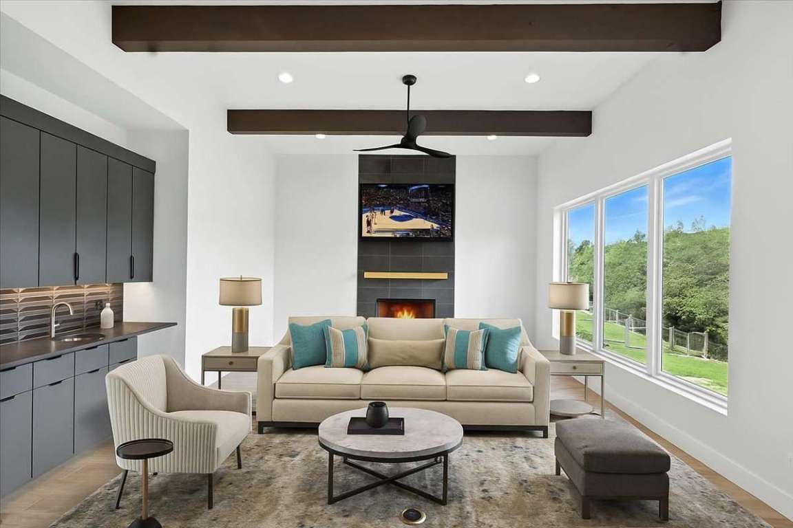 Fireplace, Interior, Living room, Recessed Lighting, Stone Walls, Wooden Beams, Wood Texture Flooring