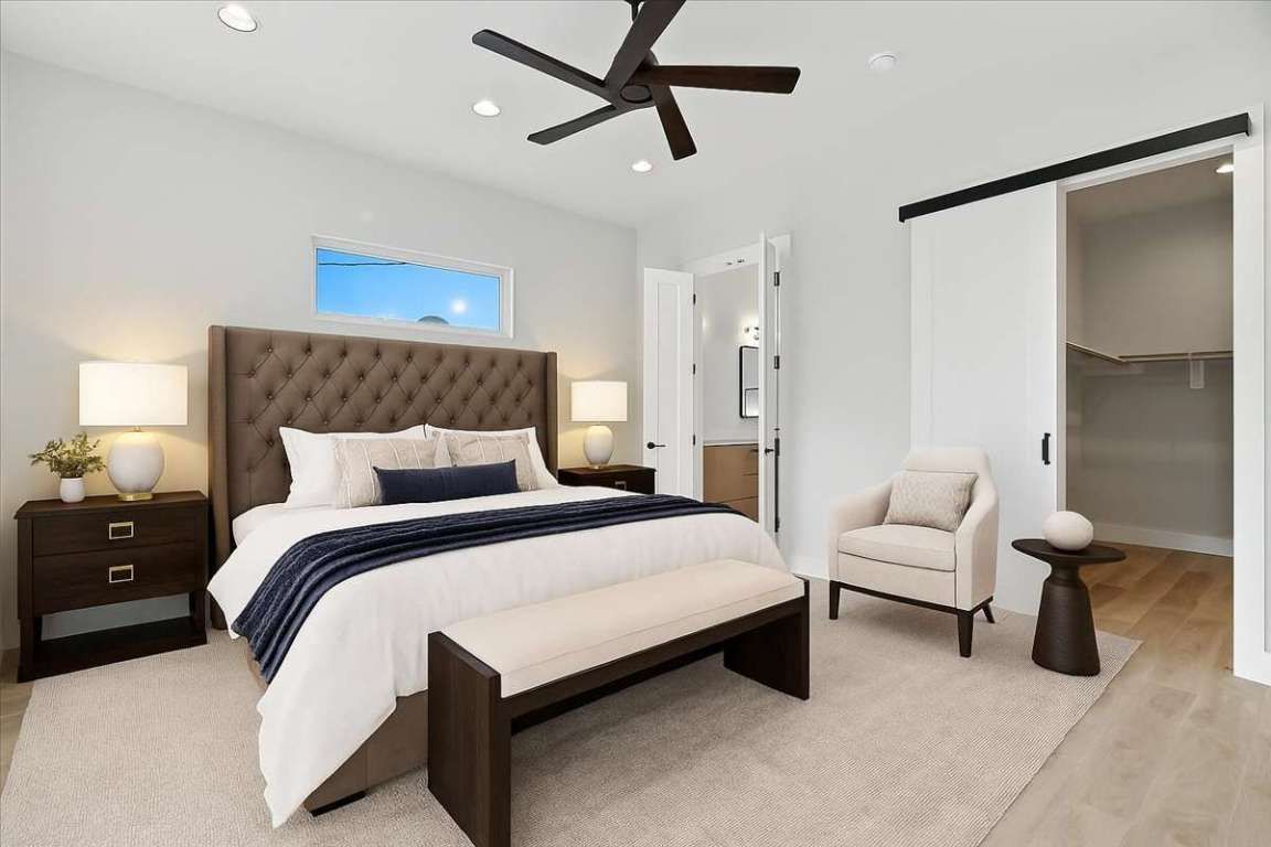 Bedroom, Interior, Recessed Lighting, Wood Texture Flooring