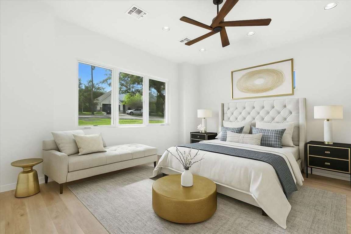 Bedroom, Interior, Recessed Lighting, Wood Texture Flooring