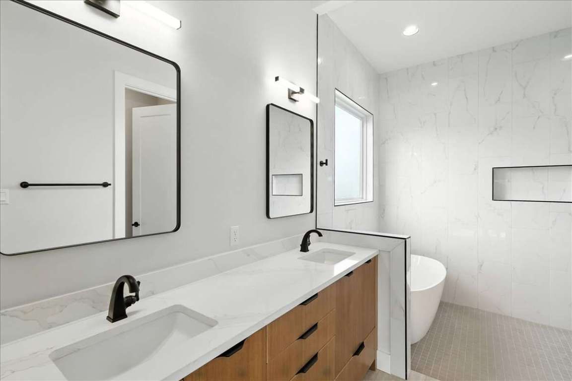 Bathroom, Dual Sink Vanities, Interior, Marble Walls, Recessed Lighting