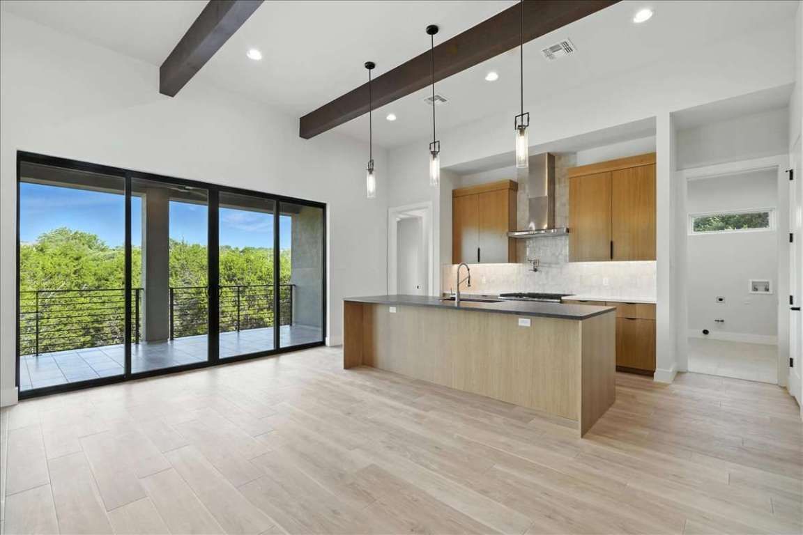 Interior, Kitchen, Pendant Lights, Recessed Lighting, Wooden Beams, Wood Texture Flooring