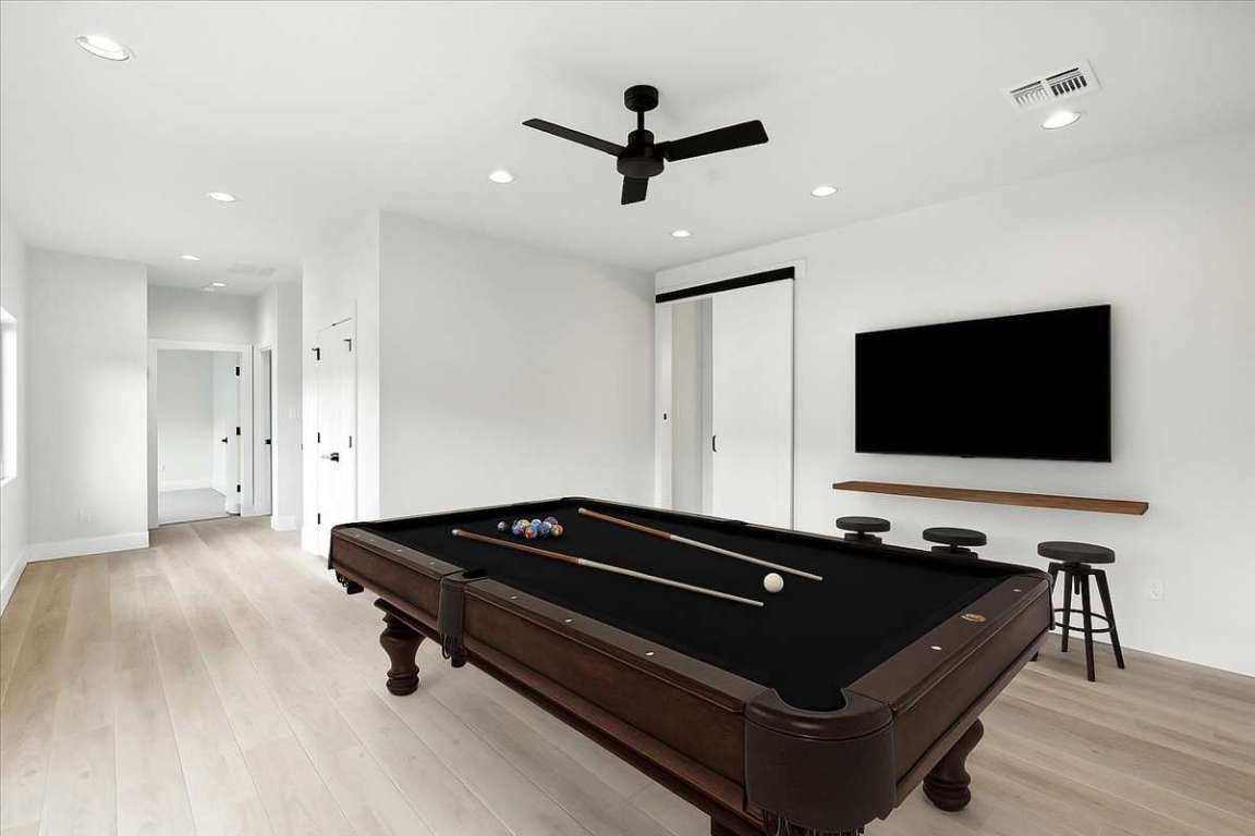 Billiard Table, Game Room, Interior, Recessed Lighting, Wood Texture Flooring