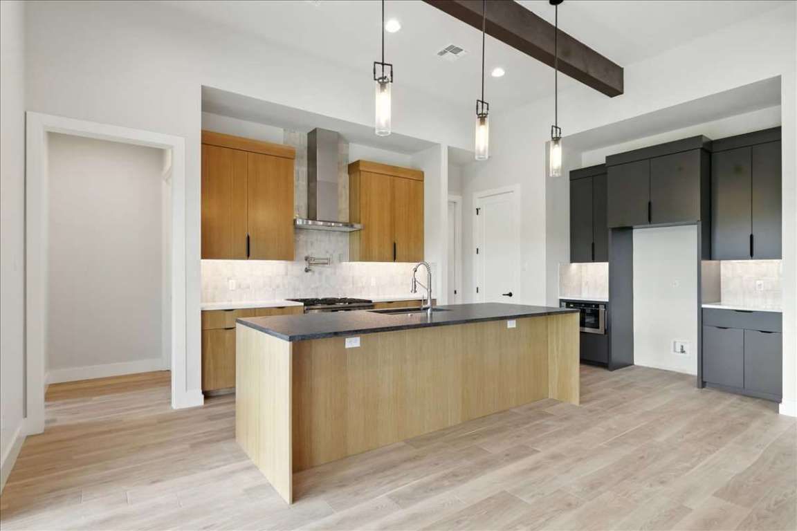 Interior, Kitchen, Pendant Lights, Recessed Lighting, Wooden Beams, Wood Texture Flooring