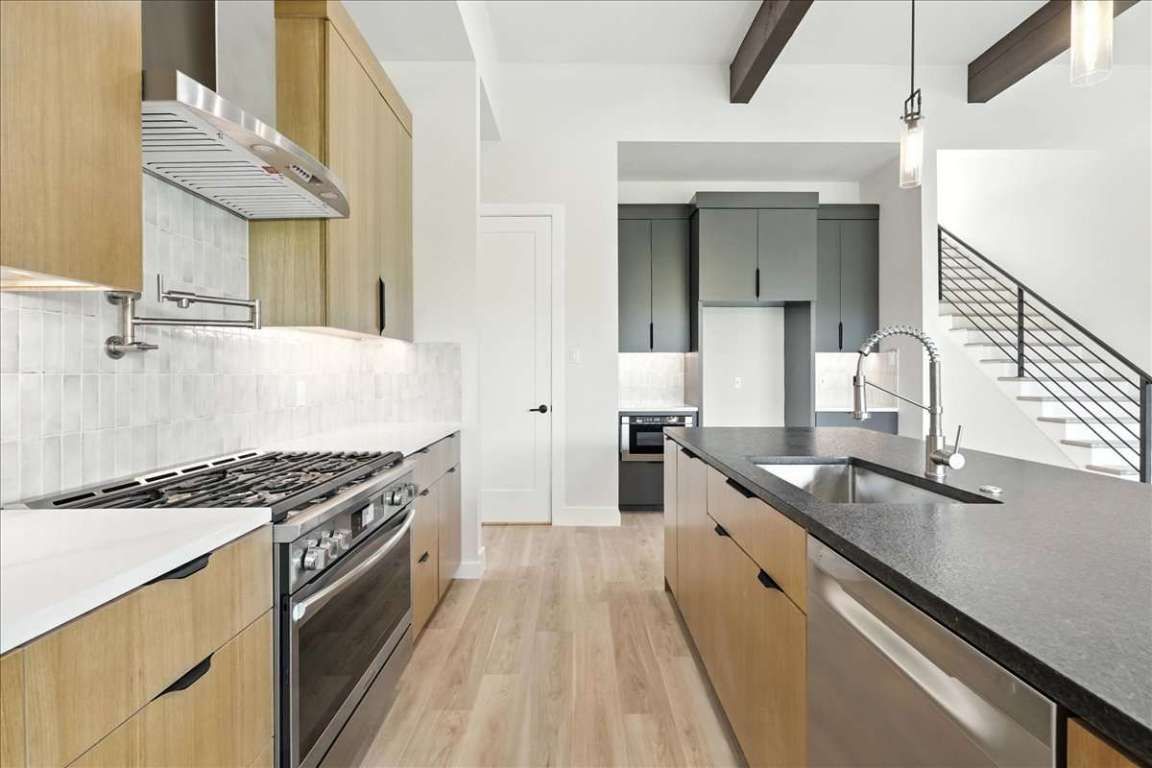 Interior, Kitchen, Pendant Lights, Stainless Steel Appliances, Wooden Beams, Wood Texture Flooring