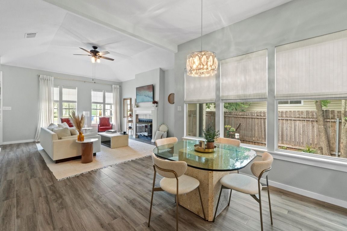 Dining room, Fireplace, Interior, Living room, Pendant Lights, Wood Texture Flooring