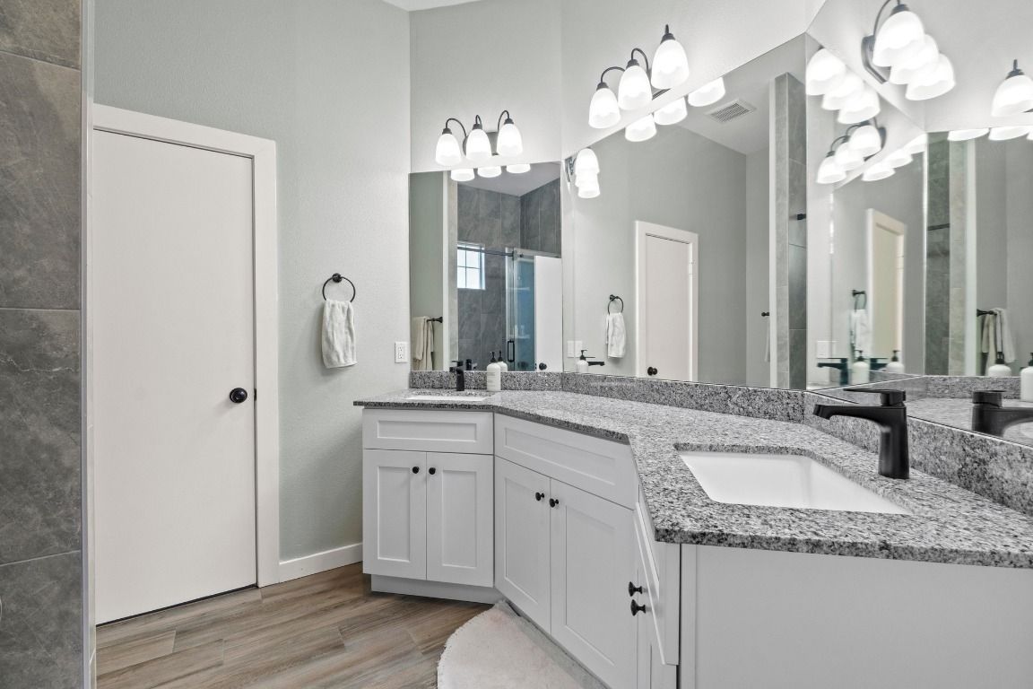 Bathroom, Dual Sink Vanities, Interior, Wood Texture Flooring