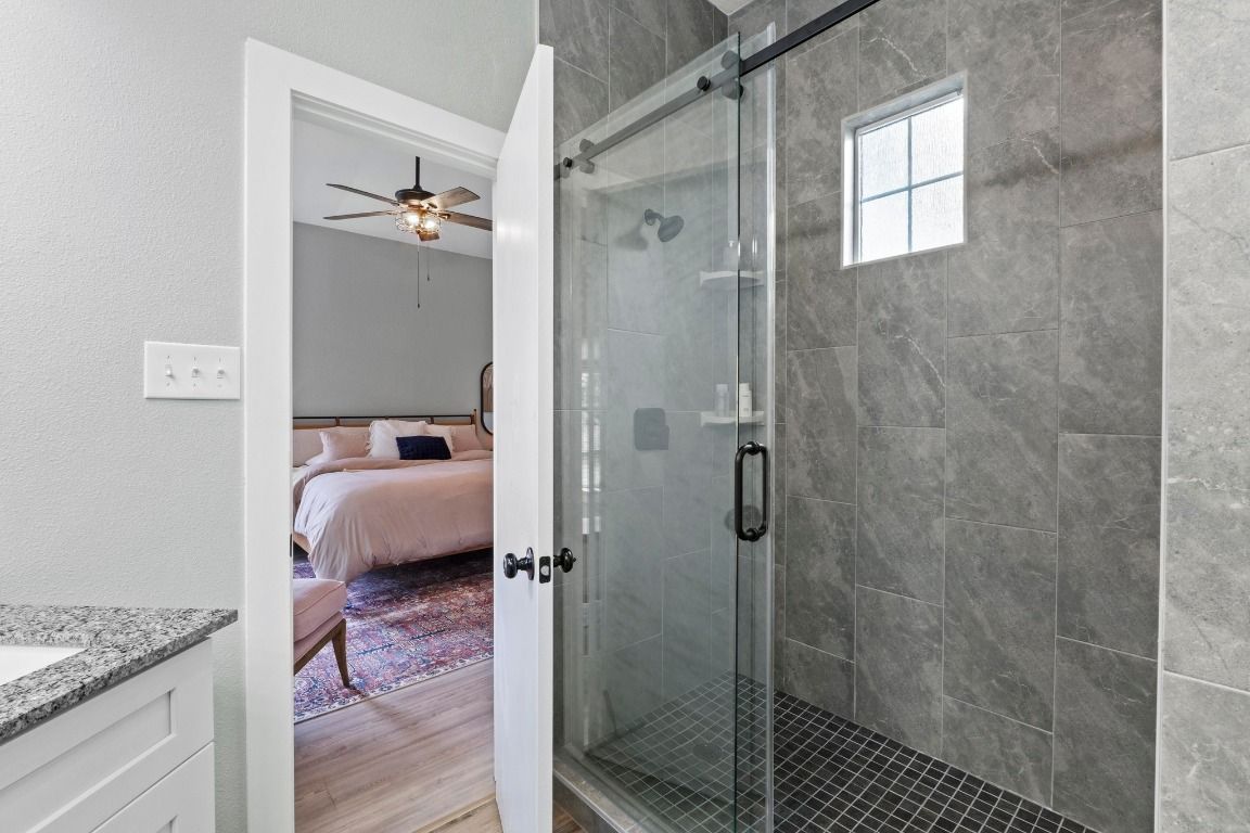 Bathroom, Bedroom, Glass Shower, Interior, Wood Texture Flooring