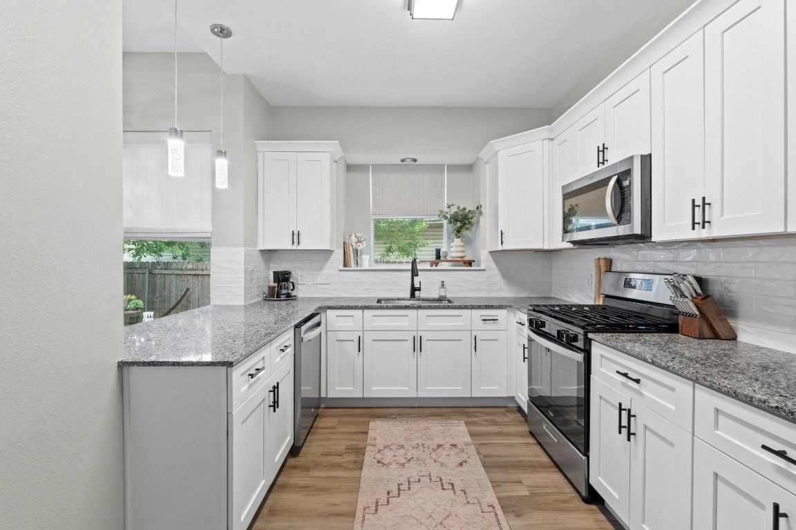 Interior, Kitchen, Pendant Lights, Stainless Steel Appliances, Wood Texture Flooring