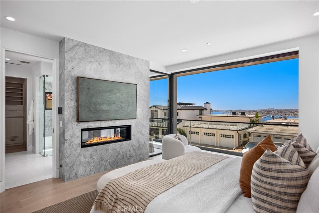 Bedroom, Fireplace, Interior, Marble Walls, Recessed Lighting, Wood Texture Flooring