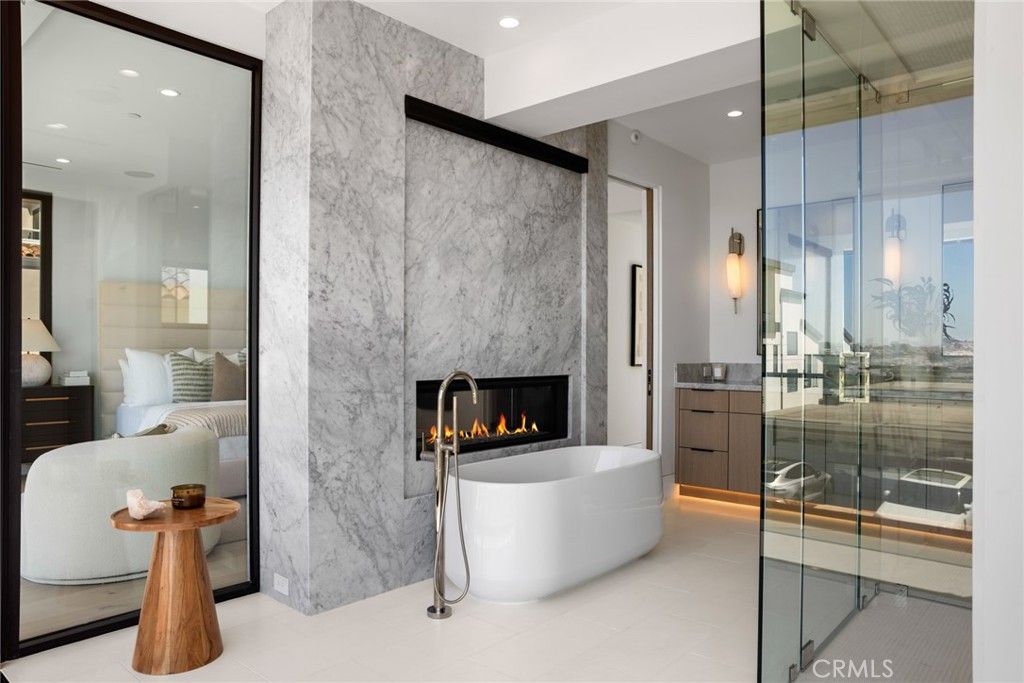 Bathroom, Bedroom, Fireplace, Free Standing Baths, Glass Shower, Interior, Marble, Marble Walls, Recessed Lighting