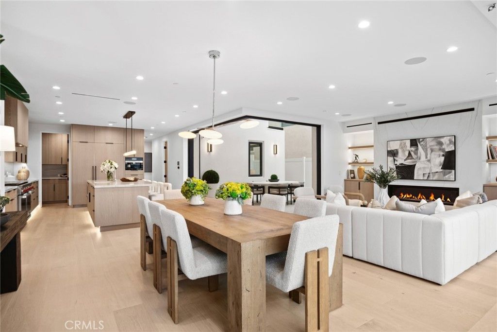 Dining room, Fireplace, Interior, Kitchen, Living room, Pendant Lights, Recessed Lighting, Wood Texture Flooring