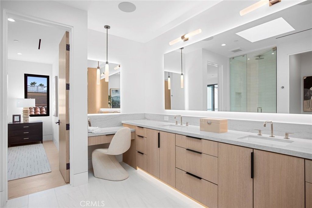 Bathroom, Dual Sink Vanities, Glass Shower, Interior, Marble, Pendant Lights, Recessed Lighting