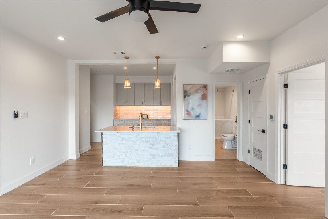 Interior, Kitchen, Pendant Lights, Recessed Lighting, Wood Texture Flooring
