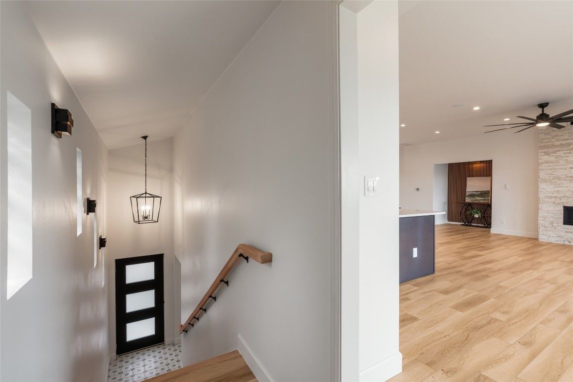 Interior, Pendant Lights, Recessed Lighting, Stone Walls, Wood Texture Flooring