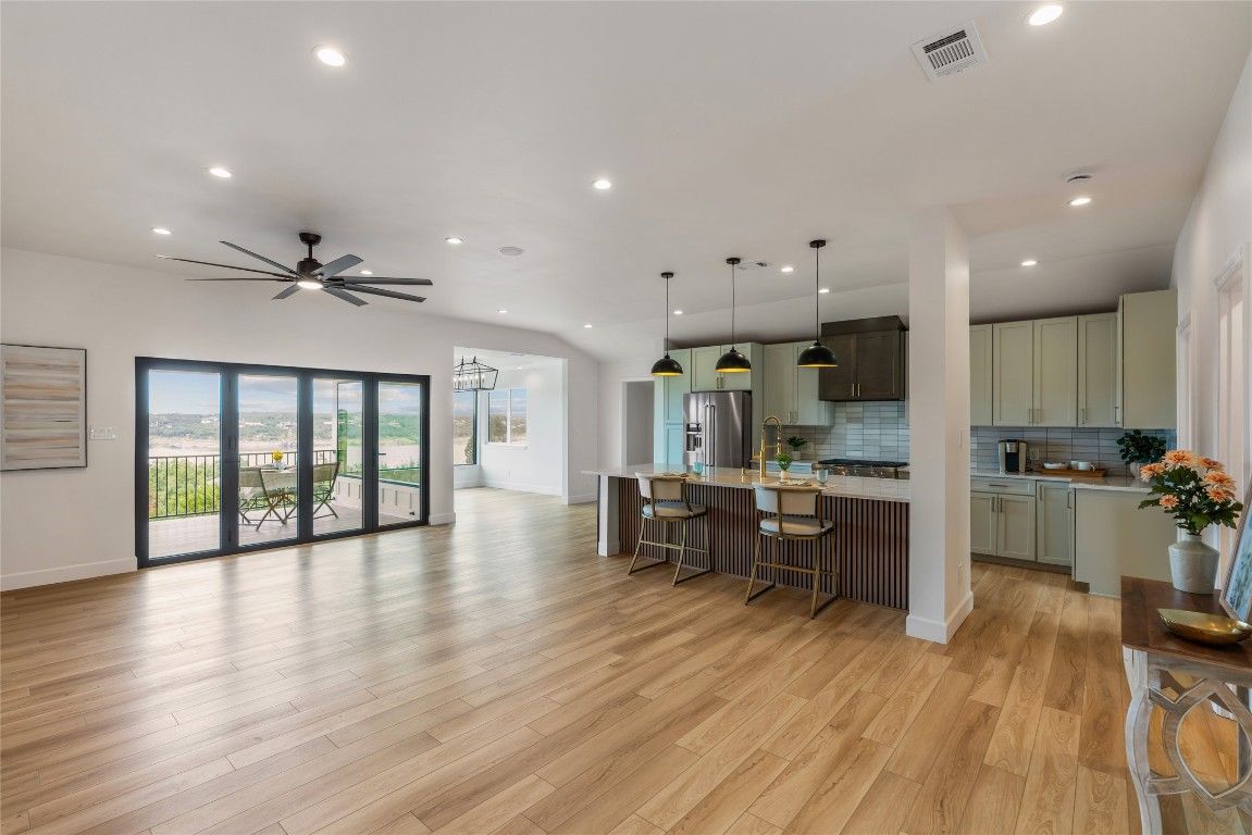 Interior, Kitchen, Pendant Lights, Recessed Lighting, Wood Texture Flooring