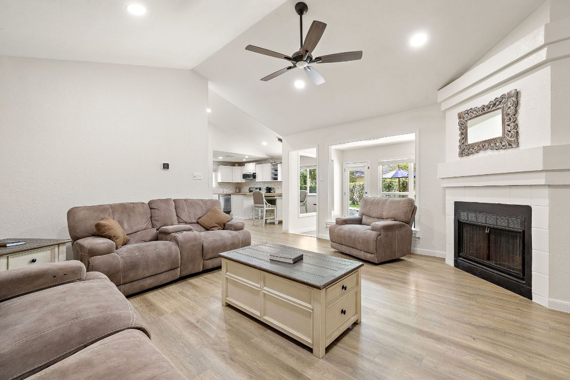 Fireplace, Interior, Kitchen, Living room, Recessed Lighting, Wood Texture Flooring