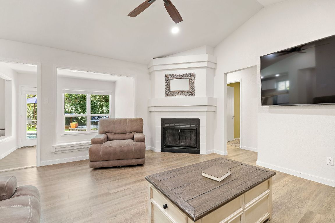 Fireplace, Interior, Living room, Recessed Lighting, Wood Texture Flooring