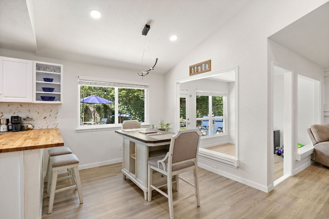 Dining room, Interior, Pendant Lights, Recessed Lighting, Wood Texture Flooring