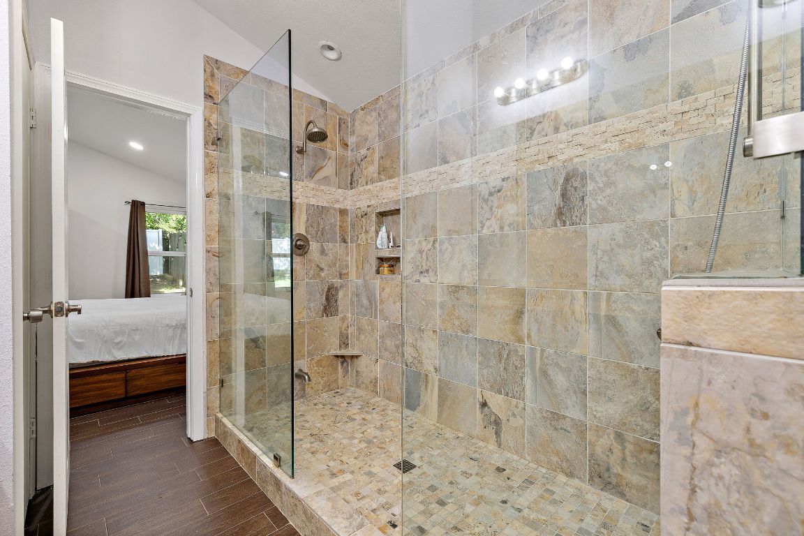 Bathroom, Glass Shower, Interior, Recessed Lighting, Wood Texture Flooring