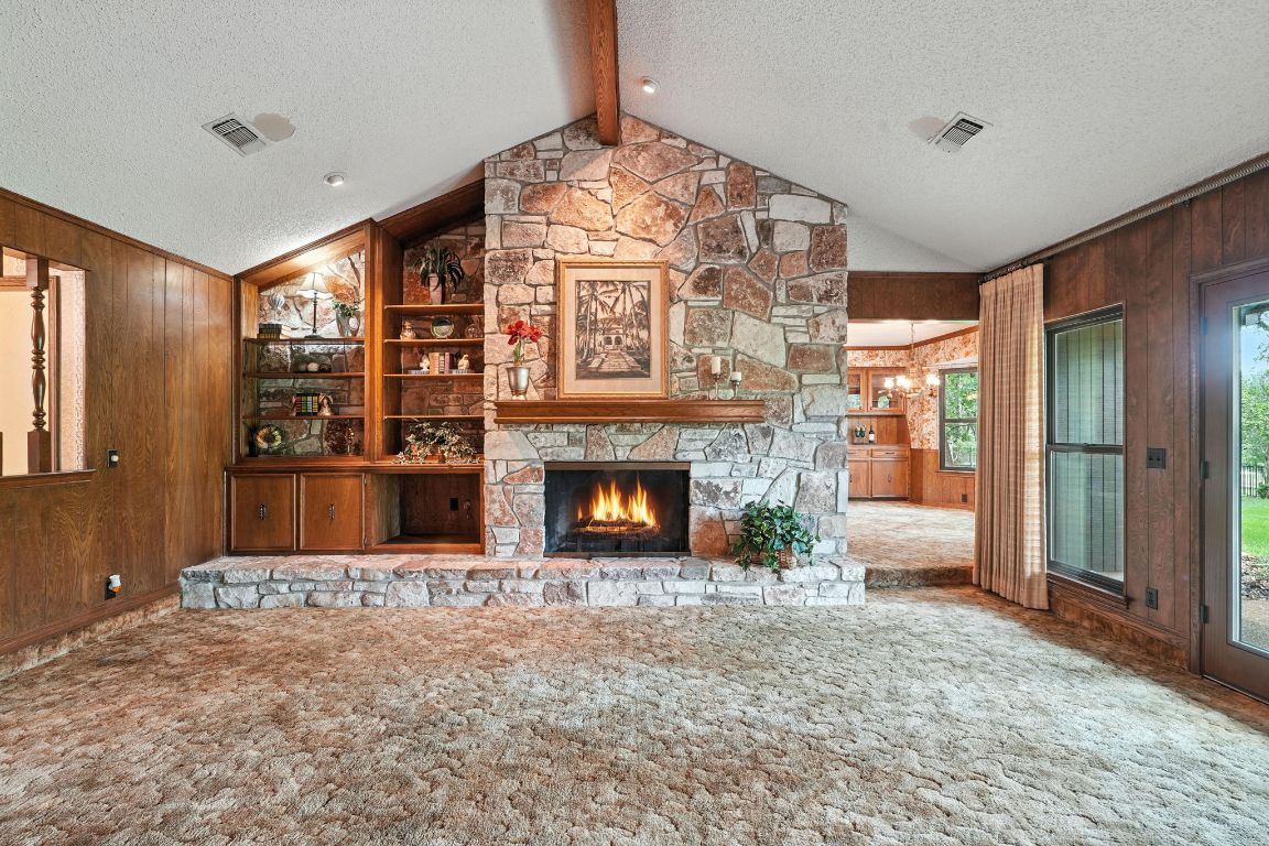 Fireplace, Interior, Recessed Lighting, Stone Walls, Wooden Beams, Wooden Walls