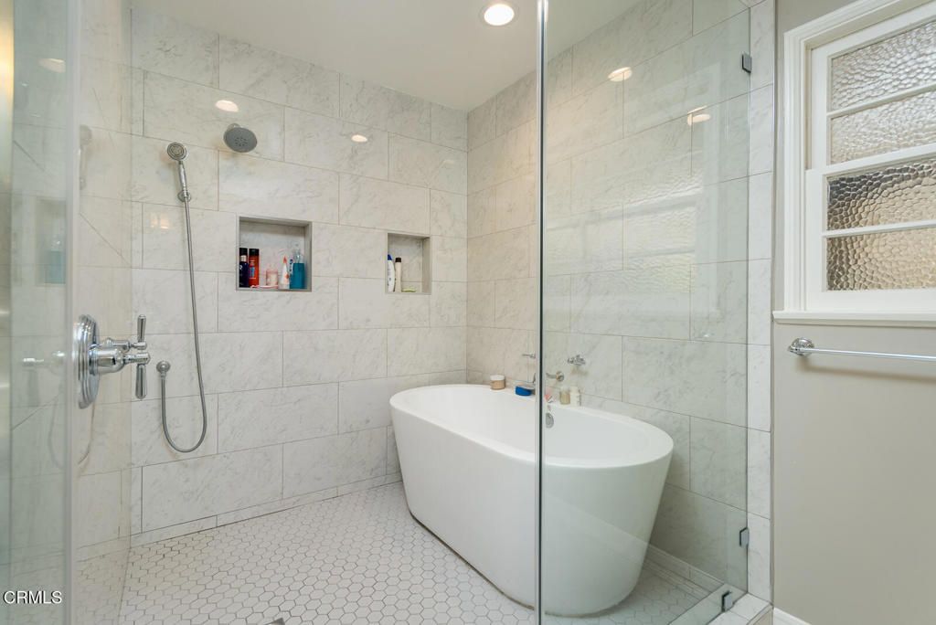 Bathroom, Free Standing Baths, Glass Shower, Interior, Marble Walls, Recessed Lighting