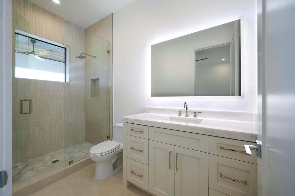 Bathroom, Glass Shower, Interior, Recessed Lighting