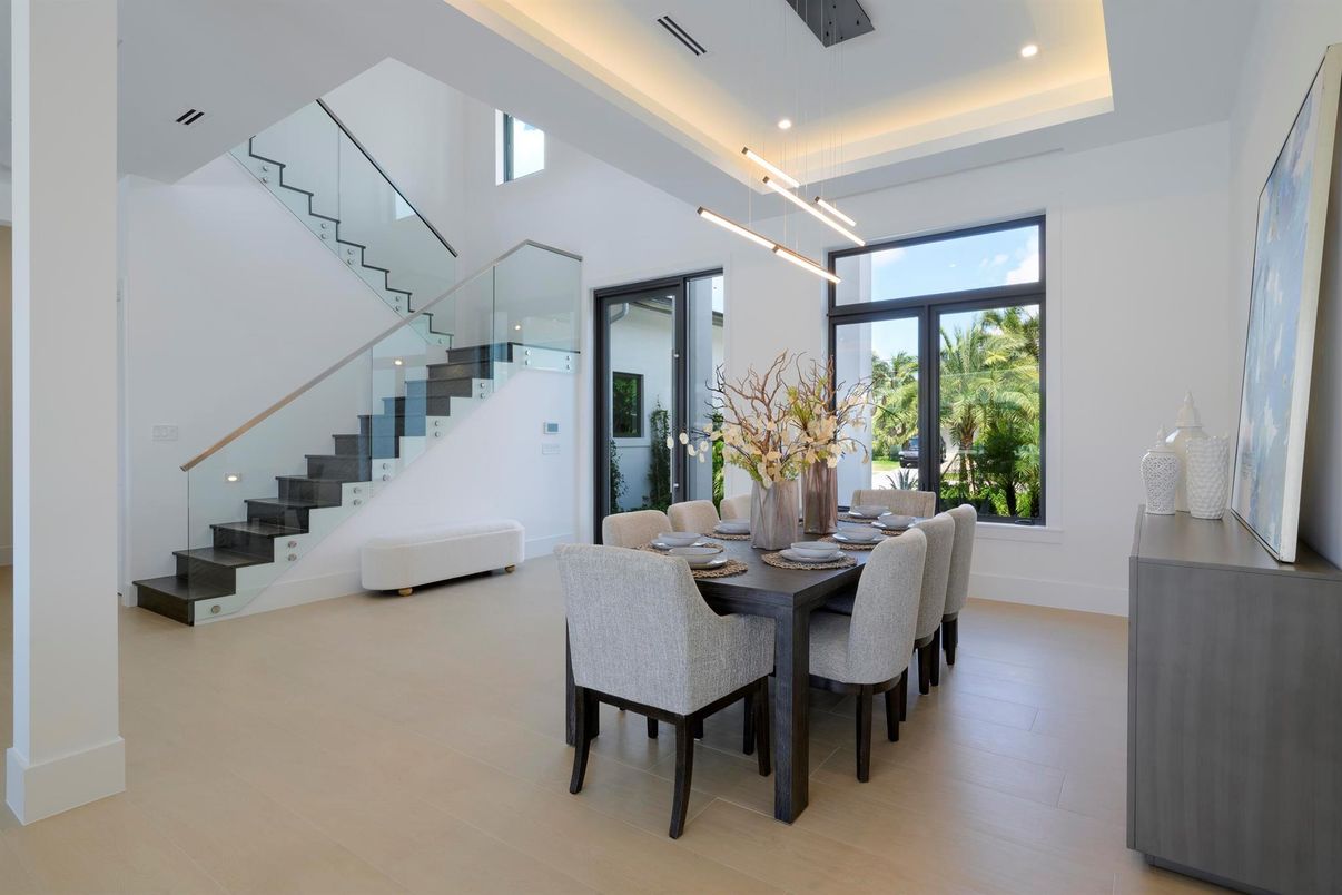 Dining room, Interior, Pendant Lights, Recessed Lighting, Wood Texture Flooring