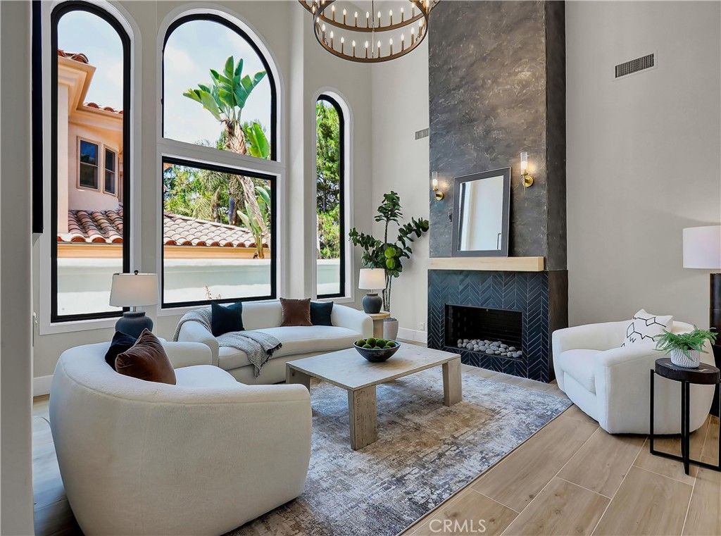 Fireplace, Interior, Living room, Pendant Lights, Wood Texture Flooring