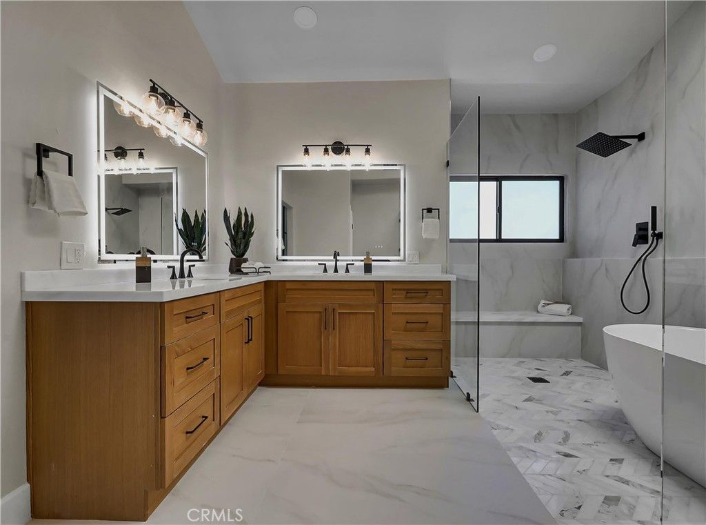 Bathroom, Dual Sink Vanities, Free Standing Baths, Glass Shower, Interior, Marble, Marble Walls