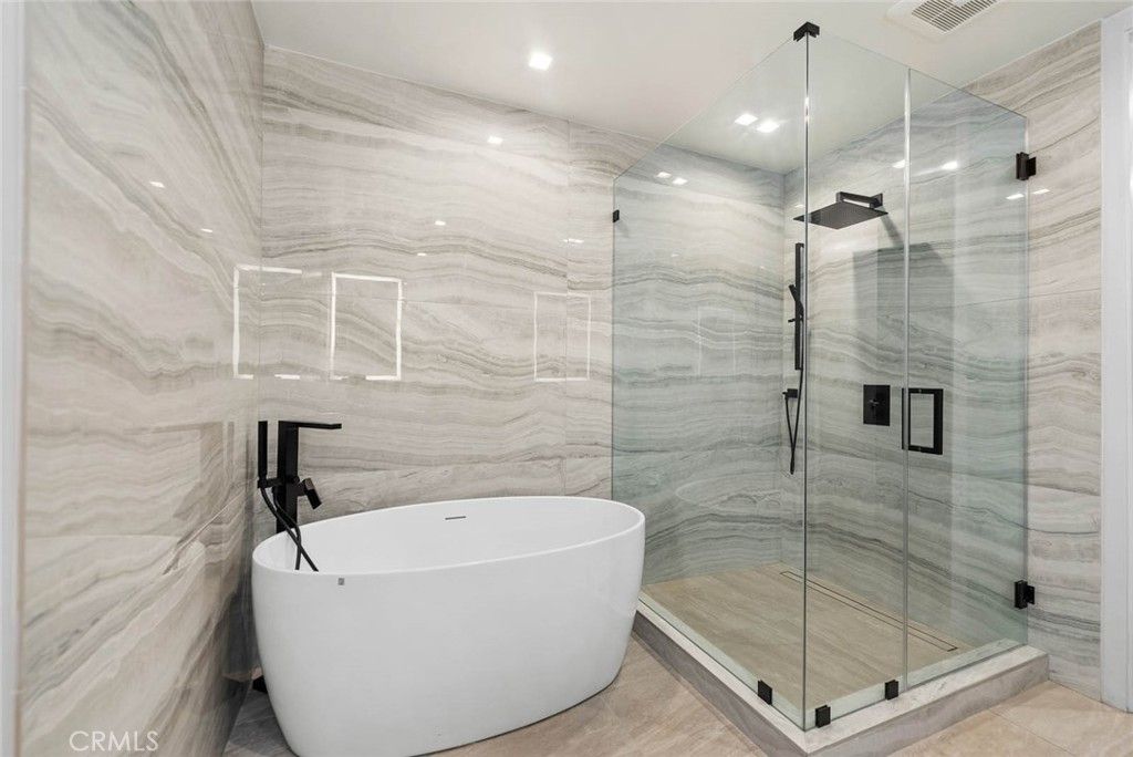 Bathroom, Free Standing Baths, Glass Shower, Interior, Marble Walls, Recessed Lighting