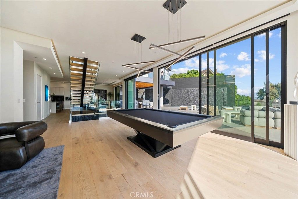 Billiard Table, Game Room, Interior, Pendant Lights, Recessed Lighting, Wood Texture Flooring
