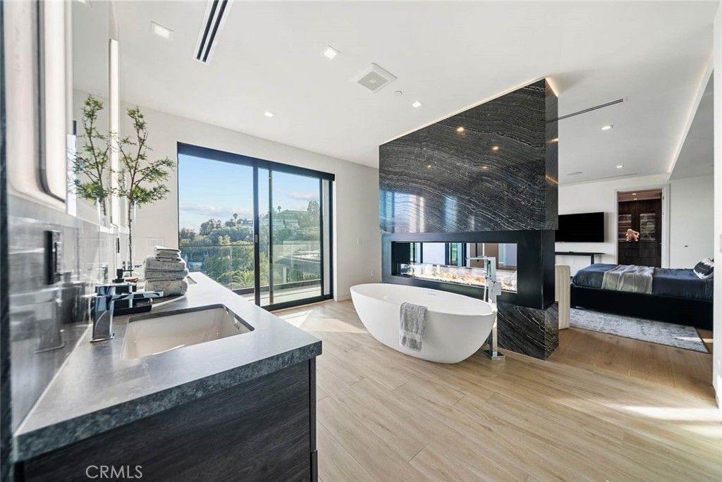 Bedroom, Fireplace, Interior, Recessed Lighting, Wood Texture Flooring