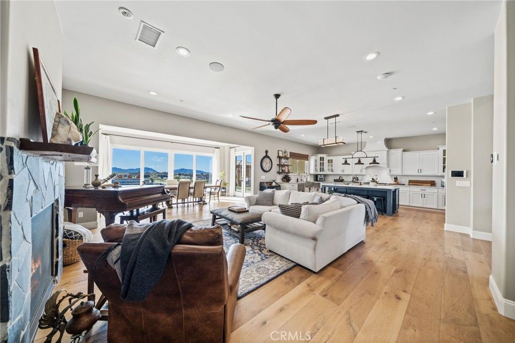 Dining room, Fireplace, Interior, Kitchen, Living room, Pendant Lights, Recessed Lighting, Wood Texture Flooring