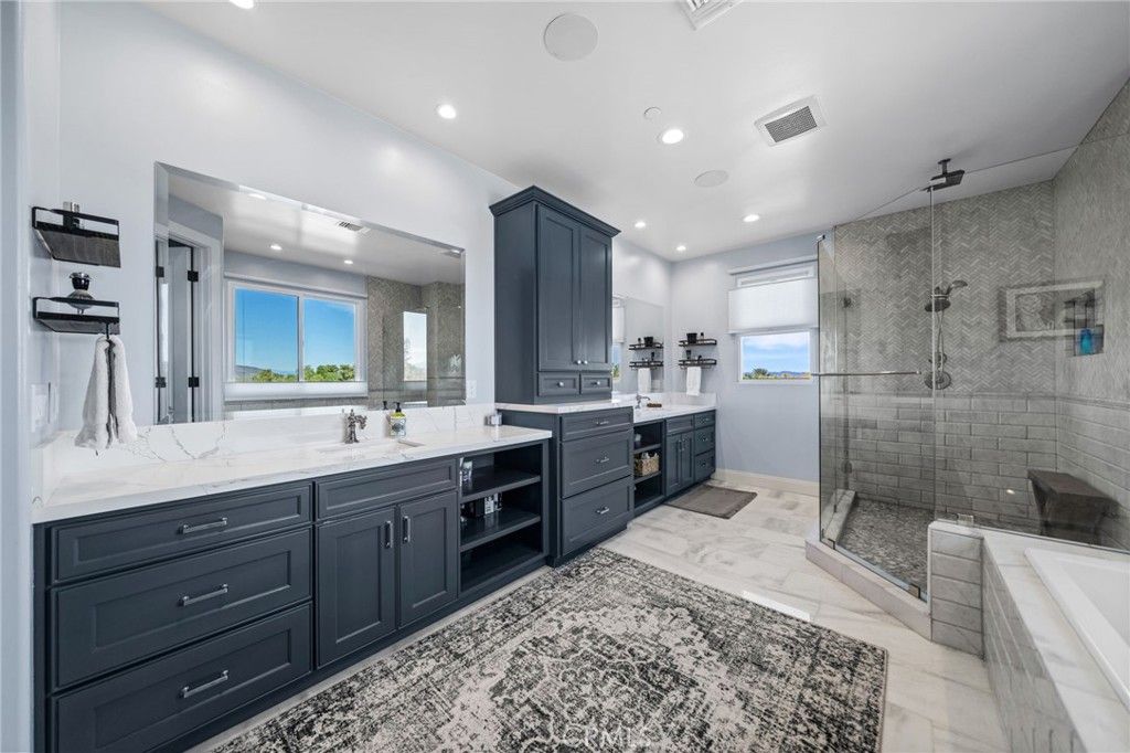 Bathroom, Dual Sink Vanities, Glass Shower, Interior, Marble, Recessed Lighting