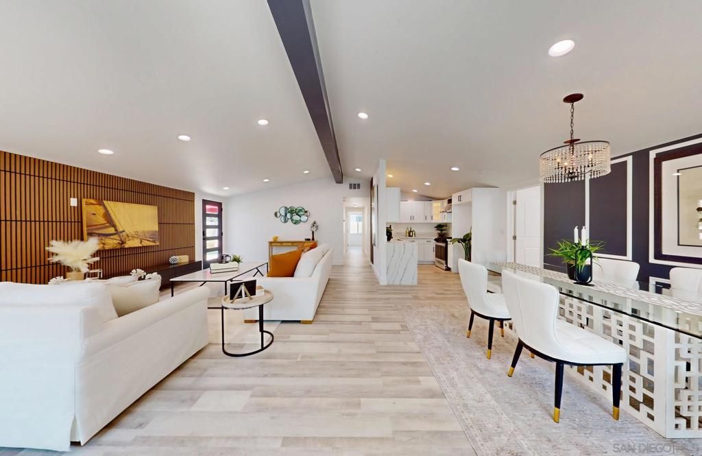 Chandelier, Dining room, Interior, Kitchen, Living room, Recessed Lighting, Wooden Beams, Wood Texture Flooring