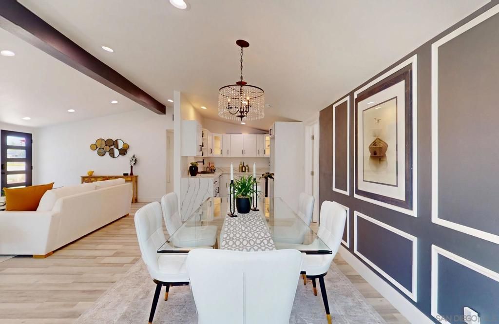 Chandelier, Dining room, Interior, Living room, Recessed Lighting, Wooden Beams, Wood Texture Flooring