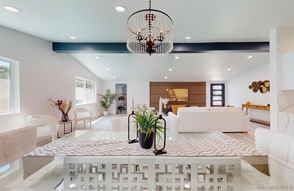 Dining room, Interior, Living room, Pendant Lights, Recessed Lighting, Wooden Beams