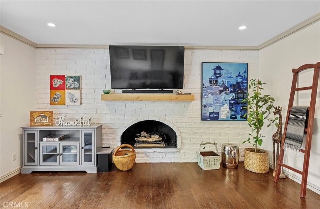 Fireplace, Interior, Recessed Lighting, Stone Walls, Wood Texture Flooring