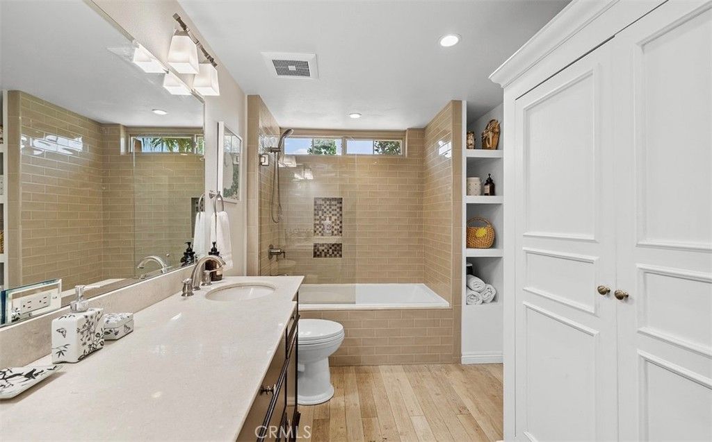 Bathroom, Glass Shower, Interior, Recessed Lighting, Wood Texture Flooring