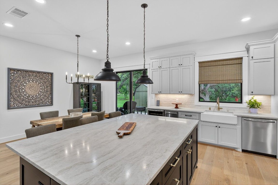 Interior, Kitchen, Pendant Lights, Recessed Lighting, Stainless Steel Appliances, Wood Texture Flooring