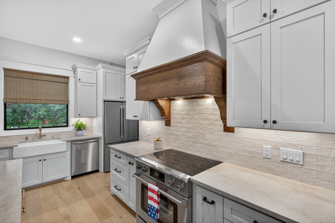 Interior, Kitchen, Recessed Lighting, Stainless Steel Appliances, Wood Texture Flooring