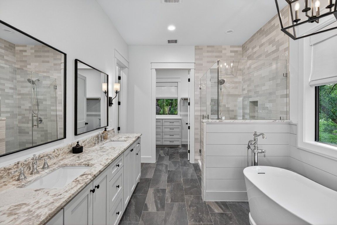Bathroom, Dual Sink Vanities, Free Standing Baths, Glass Shower, Interior, Recessed Lighting