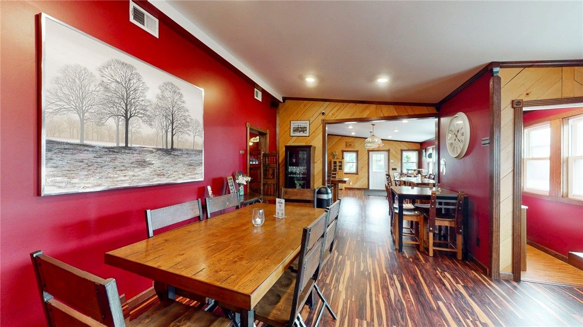 Dining room, Interior, Pendant Lights, Recessed Lighting, Wood Texture Flooring